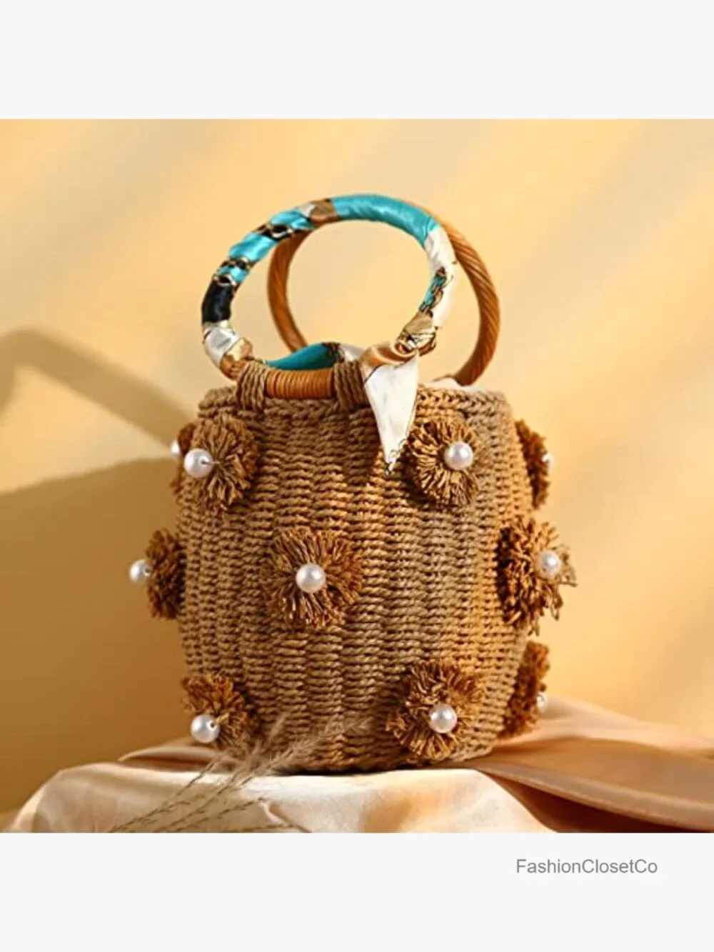 Rattan Straw Bucket Bag with Pearl Flowers - Handwoven Summer Beach Tote - Picture 4 of 7